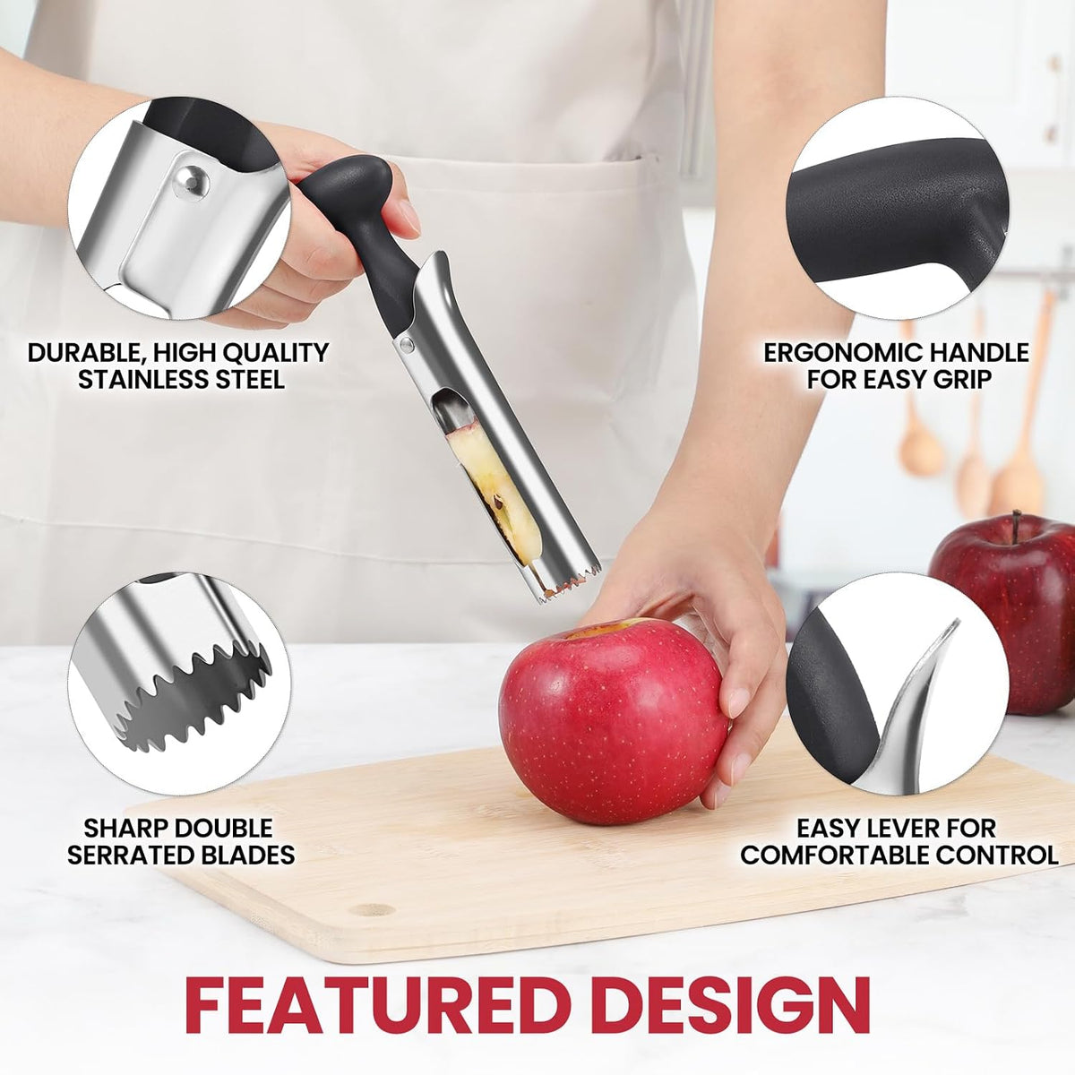 Premium Apple Corer Tool - Easy to Use and Clean - Sturdy Apple Core Remover with Sharp Serrated Blades - Stainless Steel Corers for Apple and Pear - Core Fruits with Ease(Red)