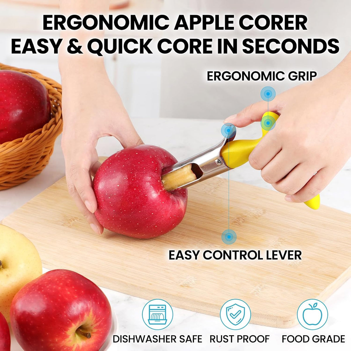 Premium Apple Corer Tool - Easy to Use and Clean - Sturdy Apple Core Remover with Sharp Serrated Blades - Stainless Steel Corers for Apple and Pear - Core Fruits with Ease(Red)