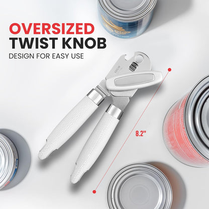 Heavy Duty Stainless Steel Can Opener Manual with Large Bottle Opener - Manual Can Opener with Turn Knob with Soft Grip Handles - White