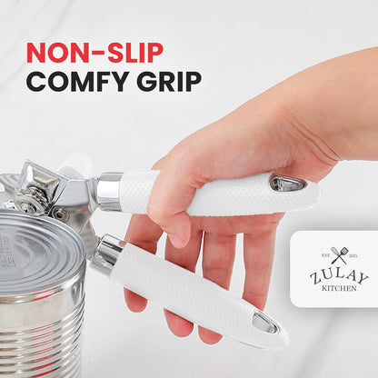 Heavy Duty Stainless Steel Can Opener Manual with Large Bottle Opener - Manual Can Opener with Turn Knob with Soft Grip Handles - White