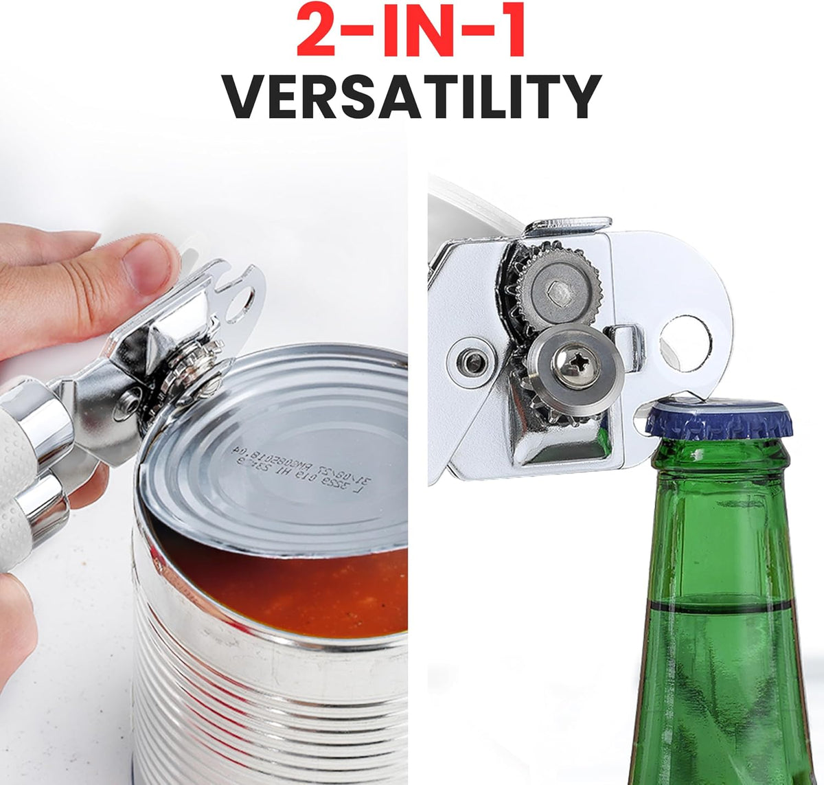 Heavy Duty Stainless Steel Can Opener Manual with Large Bottle Opener - Manual Can Opener with Turn Knob with Soft Grip Handles - White