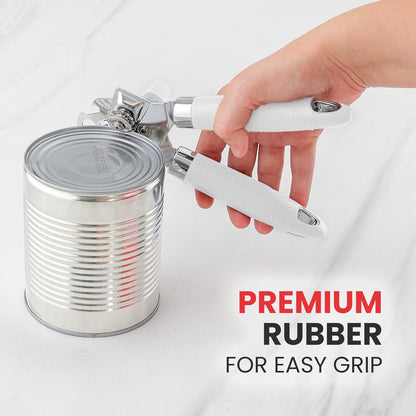 Heavy Duty Stainless Steel Can Opener Manual with Large Bottle Opener - Manual Can Opener with Turn Knob with Soft Grip Handles - White