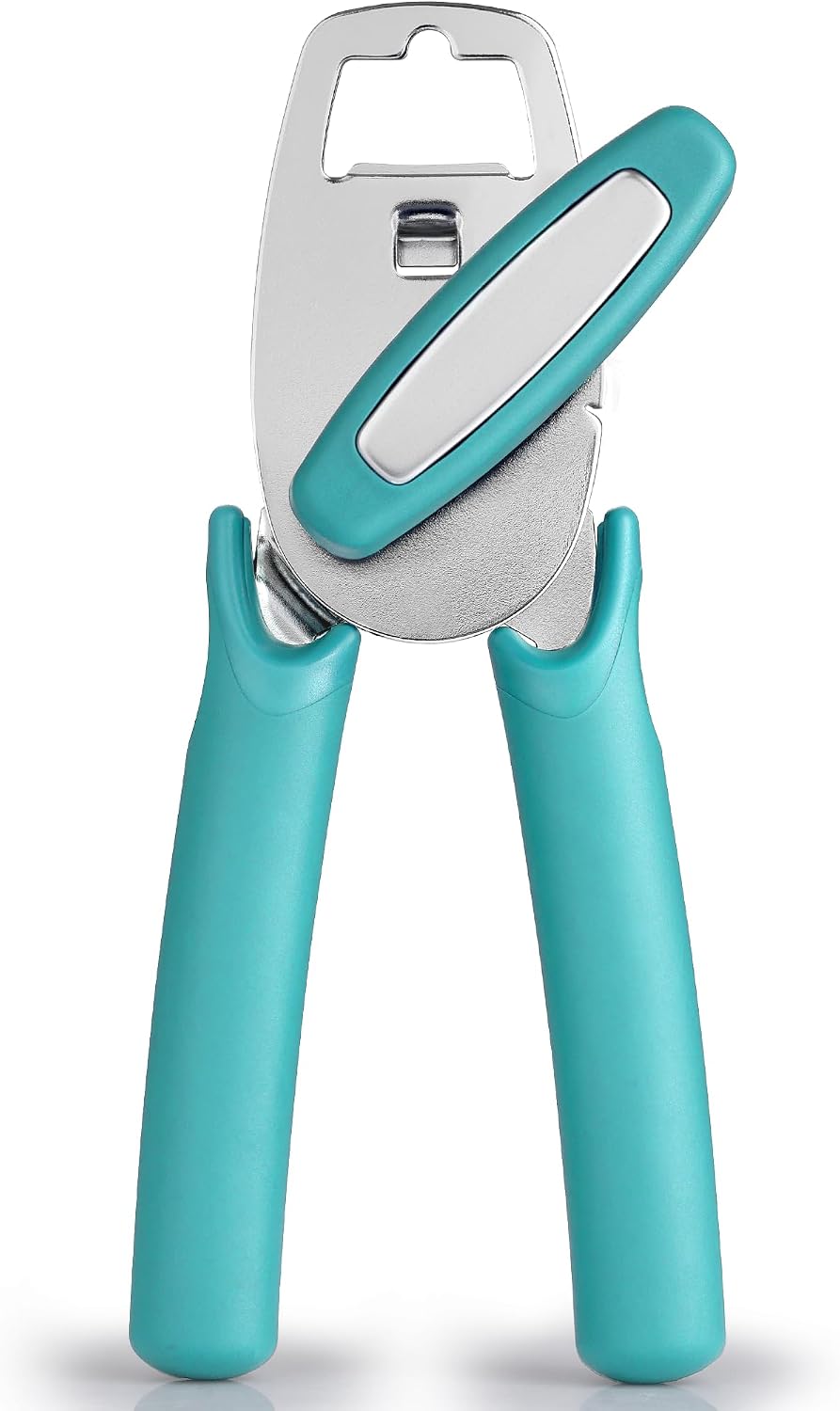 Heavy Duty Stainless Steel Can Opener Manual with Large Bottle Opener - Manual Can Opener with Turn Knob with Soft Grip Handles - White