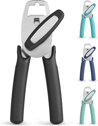 Heavy Duty Stainless Steel Can Opener Manual with Large Bottle Opener - Manual Can Opener with Turn Knob with Soft Grip Handles - White
