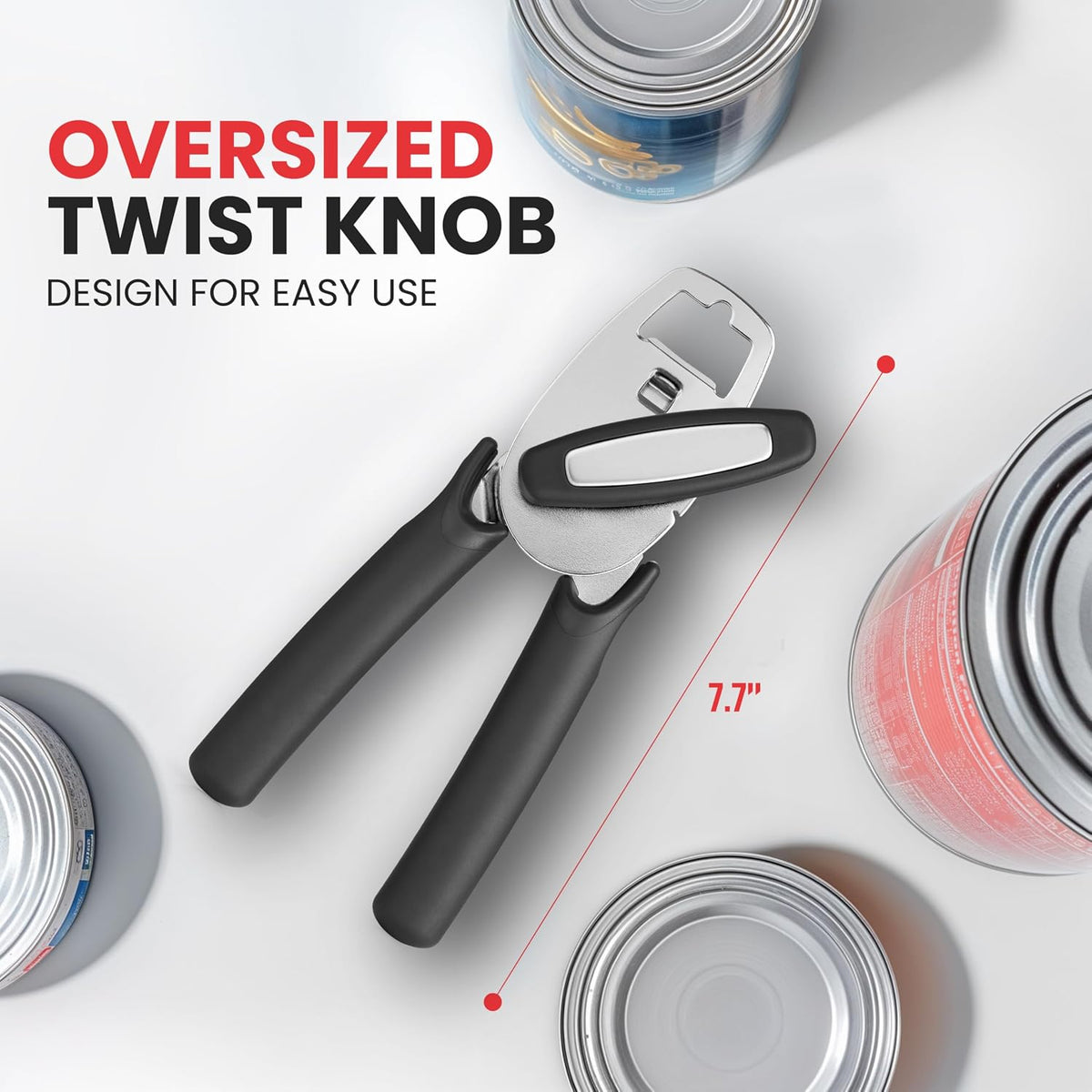 Heavy Duty Stainless Steel Can Opener Manual with Large Bottle Opener - Manual Can Opener with Turn Knob with Soft Grip Handles - White