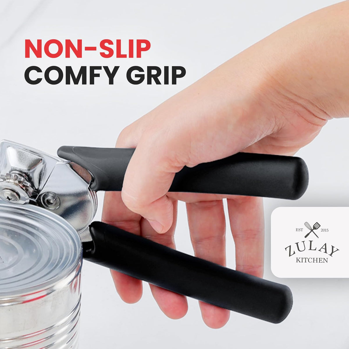 Heavy Duty Stainless Steel Can Opener Manual with Large Bottle Opener - Manual Can Opener with Turn Knob with Soft Grip Handles - White