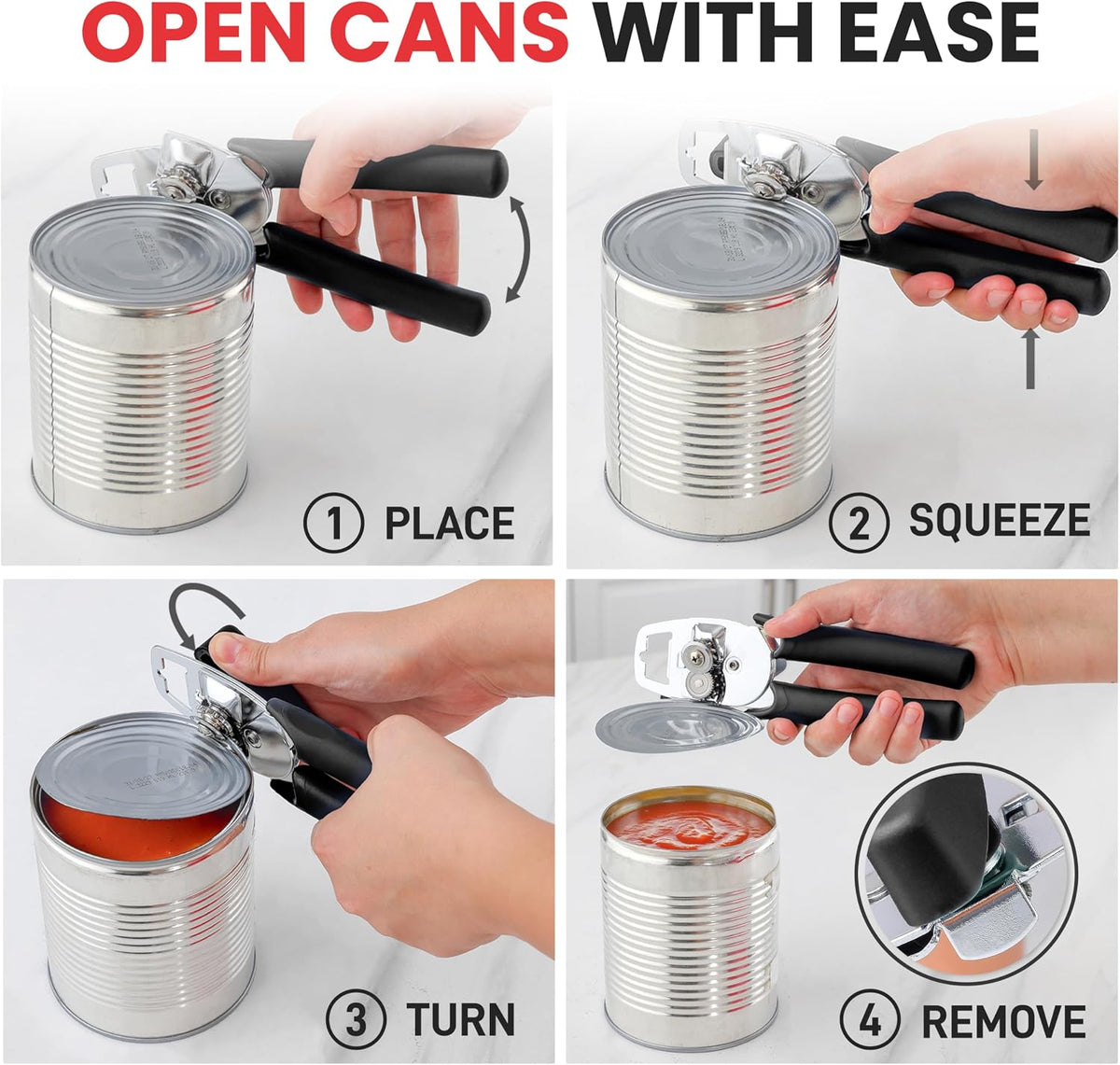 Heavy Duty Stainless Steel Can Opener Manual with Large Bottle Opener - Manual Can Opener with Turn Knob with Soft Grip Handles - White