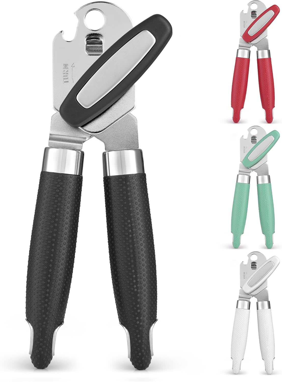 Heavy Duty Stainless Steel Can Opener Manual with Large Bottle Opener - Manual Can Opener with Turn Knob with Soft Grip Handles - White