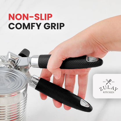 Heavy Duty Stainless Steel Can Opener Manual with Large Bottle Opener - Manual Can Opener with Turn Knob with Soft Grip Handles - White