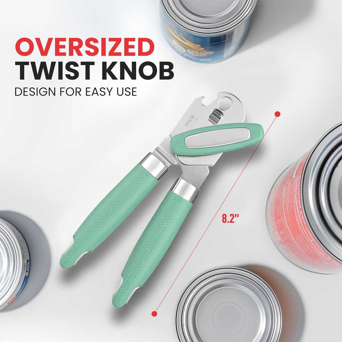 Heavy Duty Stainless Steel Can Opener Manual with Large Bottle Opener - Manual Can Opener with Turn Knob with Soft Grip Handles - White
