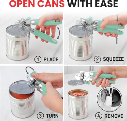 Heavy Duty Stainless Steel Can Opener Manual with Large Bottle Opener - Manual Can Opener with Turn Knob with Soft Grip Handles - White