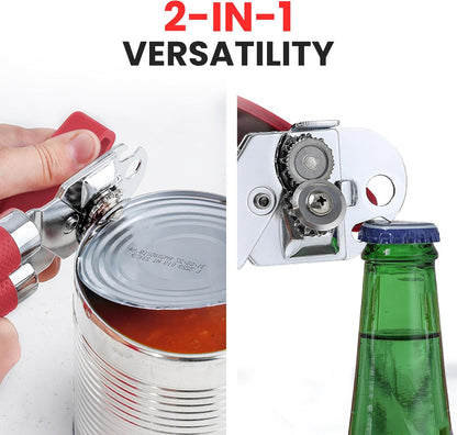 Heavy Duty Stainless Steel Can Opener Manual with Large Bottle Opener - Manual Can Opener with Turn Knob with Soft Grip Handles - White