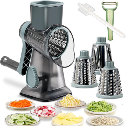 Hand Crank Rotary Cheese Grater Veggie Slicer Carrot Shredder | With 3 interchangable sharpe drum blades, strong sunction base, shred block of cheese in seconds, safe and efficient