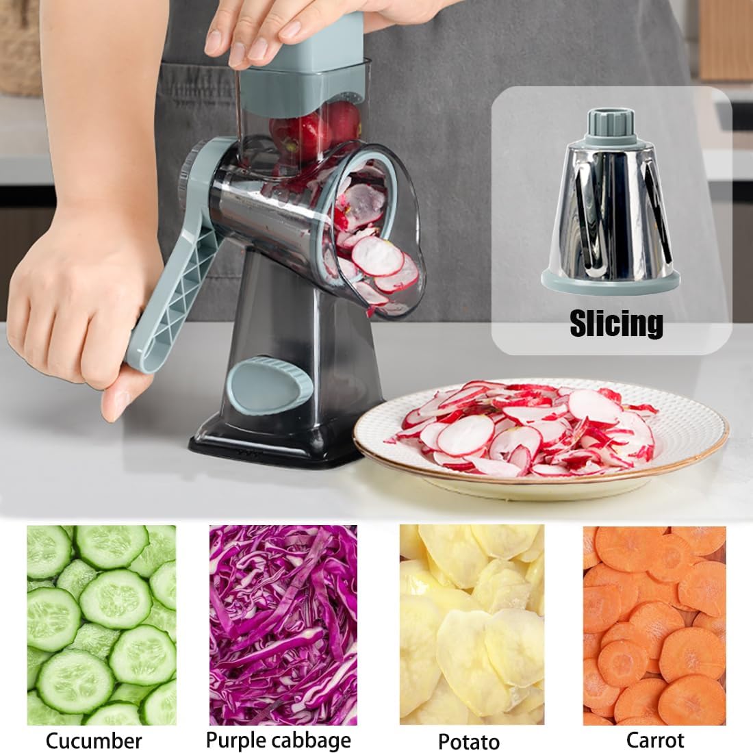 Hand Crank Rotary Cheese Grater Veggie Slicer Carrot Shredder | With 3 interchangable sharpe drum blades, strong sunction base, shred block of cheese in seconds, safe and efficient