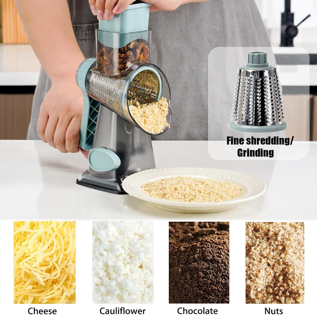 Hand Crank Rotary Cheese Grater Veggie Slicer Carrot Shredder | With 3 interchangable sharpe drum blades, strong sunction base, shred block of cheese in seconds, safe and efficient