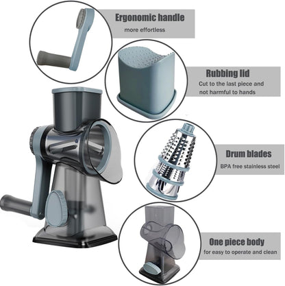 Hand Crank Rotary Cheese Grater Veggie Slicer Carrot Shredder | With 3 interchangable sharpe drum blades, strong sunction base, shred block of cheese in seconds, safe and efficient