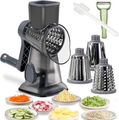 Hand Crank Rotary Cheese Grater Veggie Slicer Carrot Shredder | With 3 interchangable sharpe drum blades, strong sunction base, shred block of cheese in seconds, safe and efficient