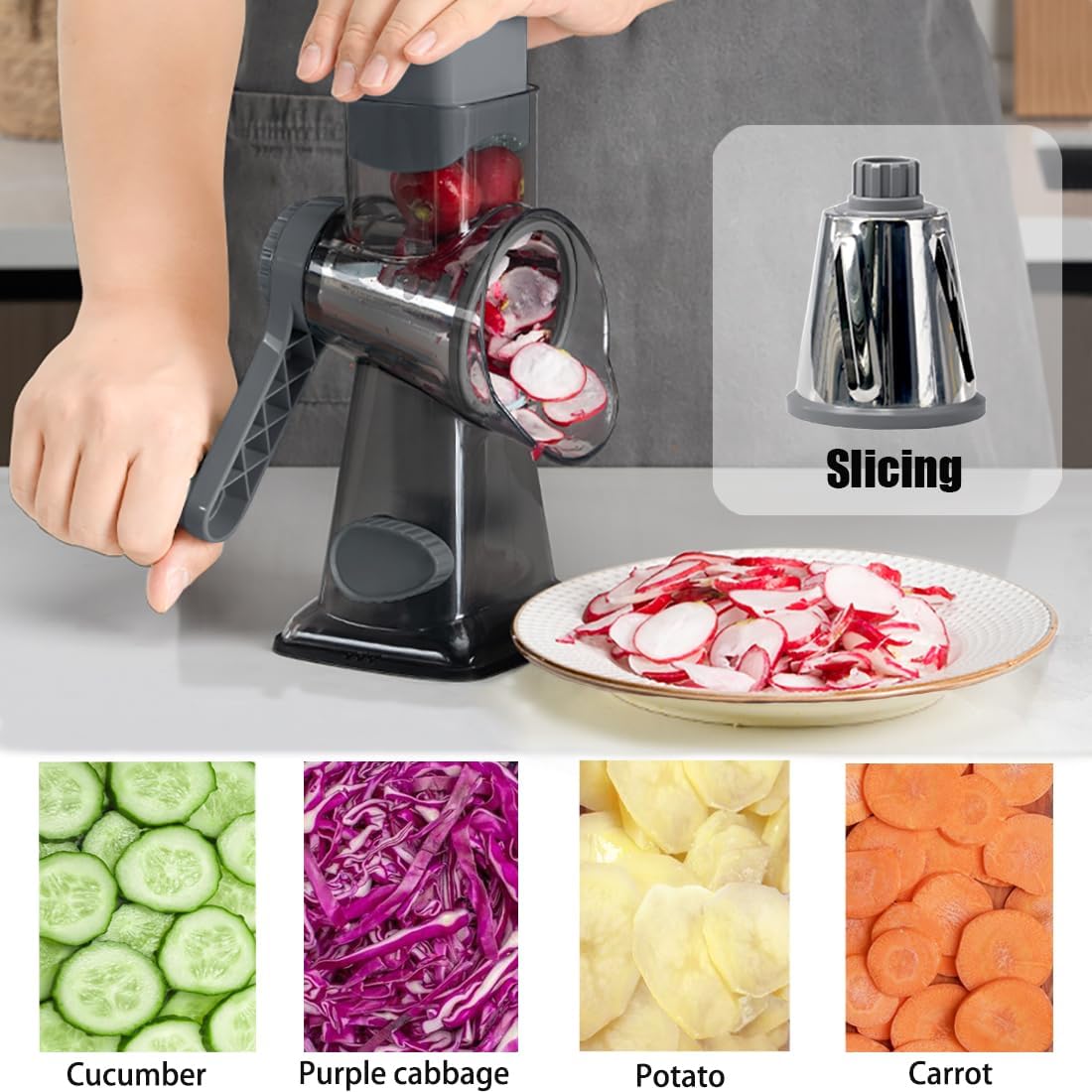 Hand Crank Rotary Cheese Grater Veggie Slicer Carrot Shredder | With 3 interchangable sharpe drum blades, strong sunction base, shred block of cheese in seconds, safe and efficient