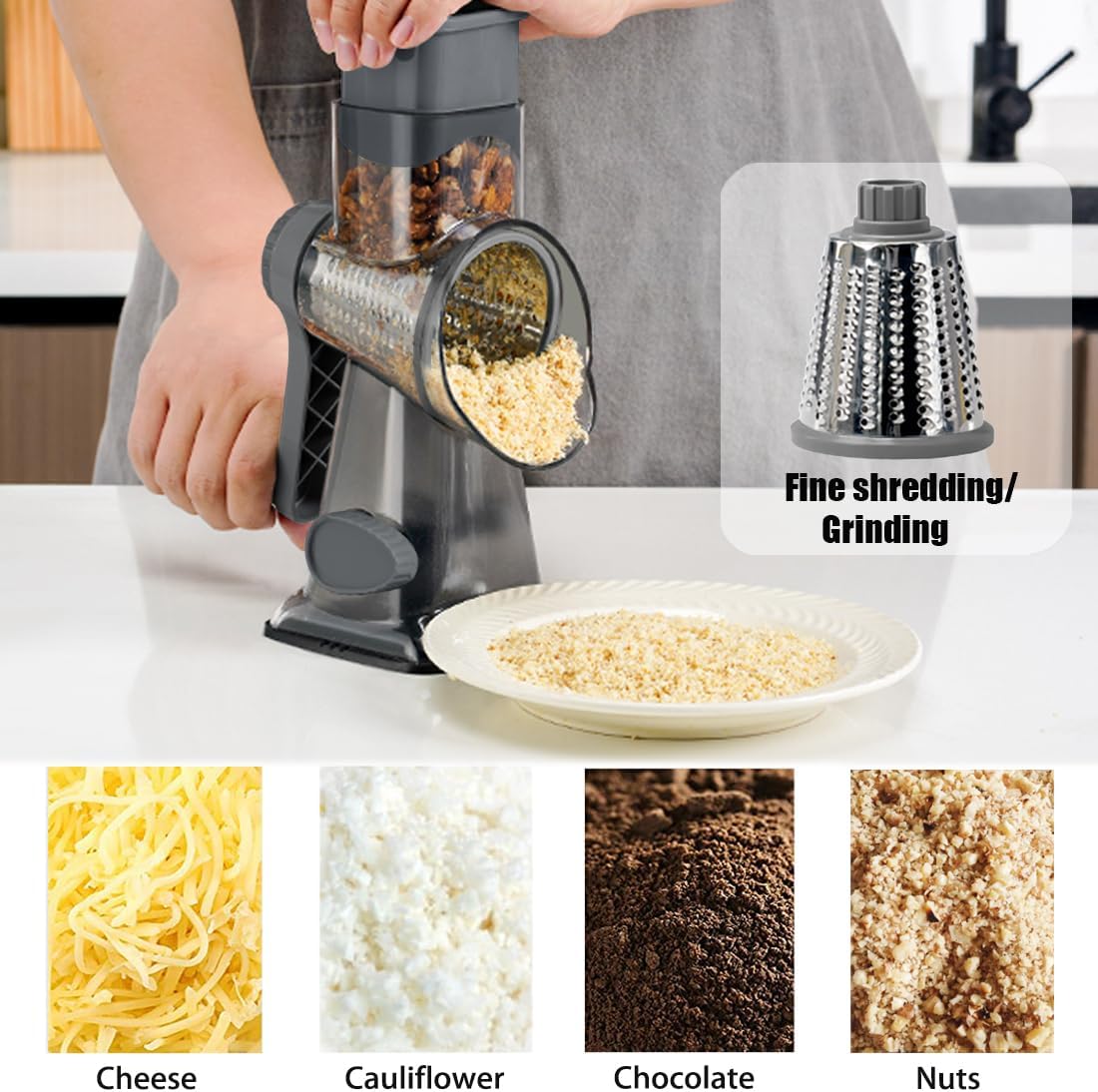 Hand Crank Rotary Cheese Grater Veggie Slicer Carrot Shredder | With 3 interchangable sharpe drum blades, strong sunction base, shred block of cheese in seconds, safe and efficient