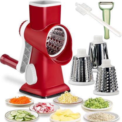 Hand Crank Rotary Cheese Grater Veggie Slicer Carrot Shredder | With 3 interchangable sharpe drum blades, strong sunction base, shred block of cheese in seconds, safe and efficient