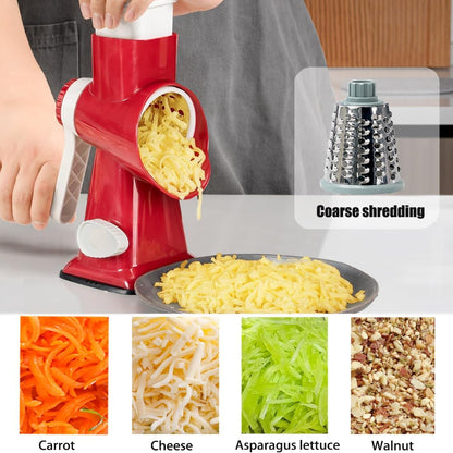 Hand Crank Rotary Cheese Grater Veggie Slicer Carrot Shredder | With 3 interchangable sharpe drum blades, strong sunction base, shred block of cheese in seconds, safe and efficient