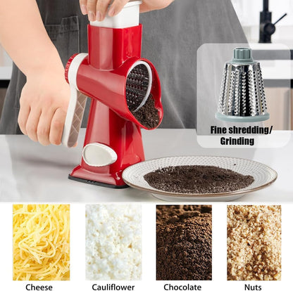 Hand Crank Rotary Cheese Grater Veggie Slicer Carrot Shredder | With 3 interchangable sharpe drum blades, strong sunction base, shred block of cheese in seconds, safe and efficient