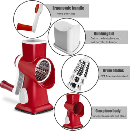 Hand Crank Rotary Cheese Grater Veggie Slicer Carrot Shredder | With 3 interchangable sharpe drum blades, strong sunction base, shred block of cheese in seconds, safe and efficient