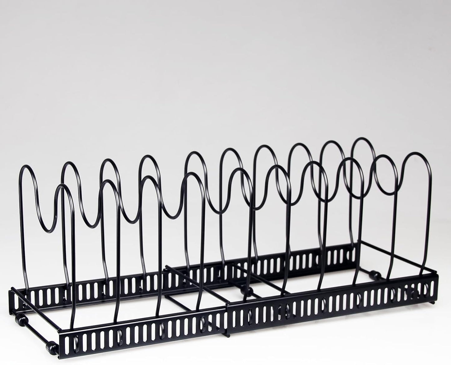 Expandable Pots and Pans Organizer Rack, Pot Lid Kitchen Cabinet Organizer Holder with 10 Adjustable Compartment, Cookware Rack for Kitchen Cabinet Storage, Black