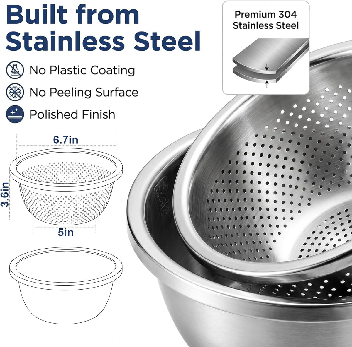 Rice Strainer & Rice Washing Bowl Stainless Steel - 5.6 Qt Professional Fine Mesh Rice Washer for Kitchen - Heavy Duty Rice Rinser, Cleaner & Drainer Colander for Quinoa, Grains & Fruit