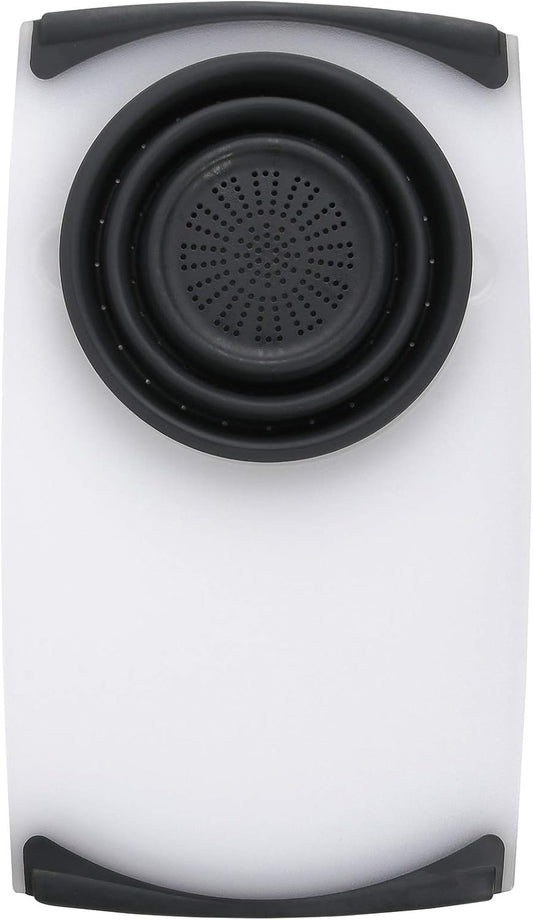Over the Sink Poly Cutting Board with Collapsible Colander Strainer, 11.5 x 20", Natural/Gray