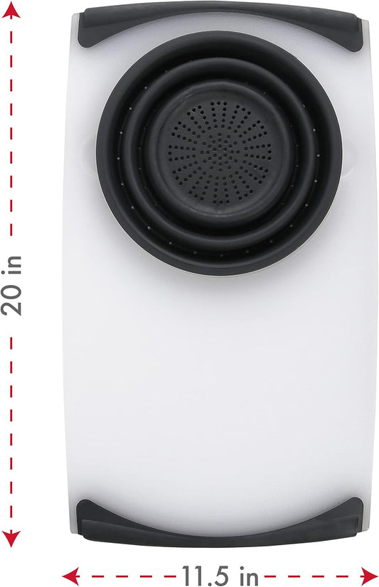 Over the Sink Poly Cutting Board with Collapsible Colander Strainer, 11.5 x 20", Natural/Gray