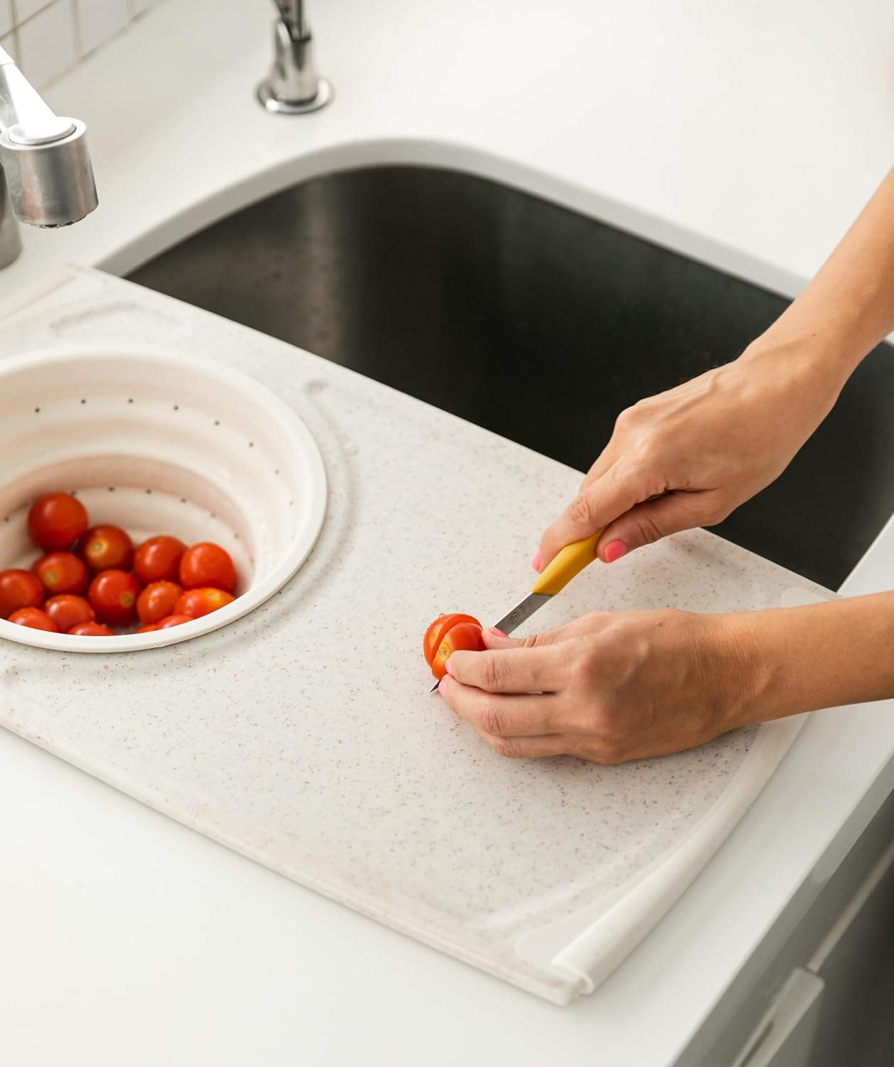 Over the Sink Poly Cutting Board with Collapsible Colander Strainer, 11.5 x 20", Natural/Gray