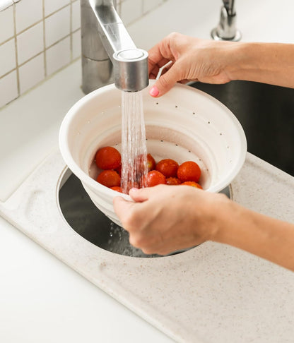 Over the Sink Poly Cutting Board with Collapsible Colander Strainer, 11.5 x 20", Natural/Gray