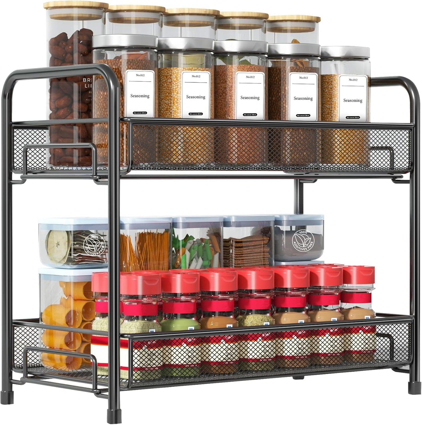 Spice Rack Organizer for Countertop, 2-Tier Foldable Metal Rust-Proof Standing Large Seasoning Storage Shelf with Guardrail and Mesh Design for Kitchen Cabinet Bathroom Living Room Pantry, Black