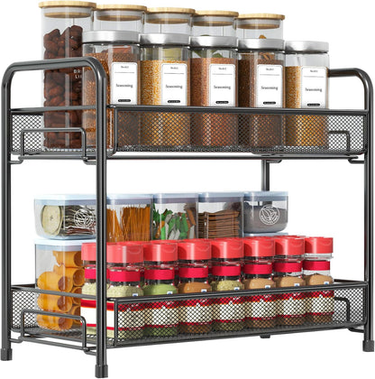 Spice Rack Organizer for Countertop, 2-Tier Foldable Metal Rust-Proof Standing Large Seasoning Storage Shelf with Guardrail and Mesh Design for Kitchen Cabinet Bathroom Living Room Pantry, Black