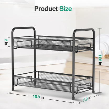 Spice Rack Organizer for Countertop, 2-Tier Foldable Metal Rust-Proof Standing Large Seasoning Storage Shelf with Guardrail and Mesh Design for Kitchen Cabinet Bathroom Living Room Pantry, Black