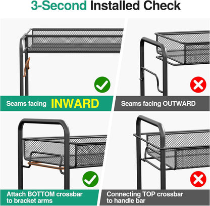 Spice Rack Organizer for Countertop, 2-Tier Foldable Metal Rust-Proof Standing Large Seasoning Storage Shelf with Guardrail and Mesh Design for Kitchen Cabinet Bathroom Living Room Pantry, Black