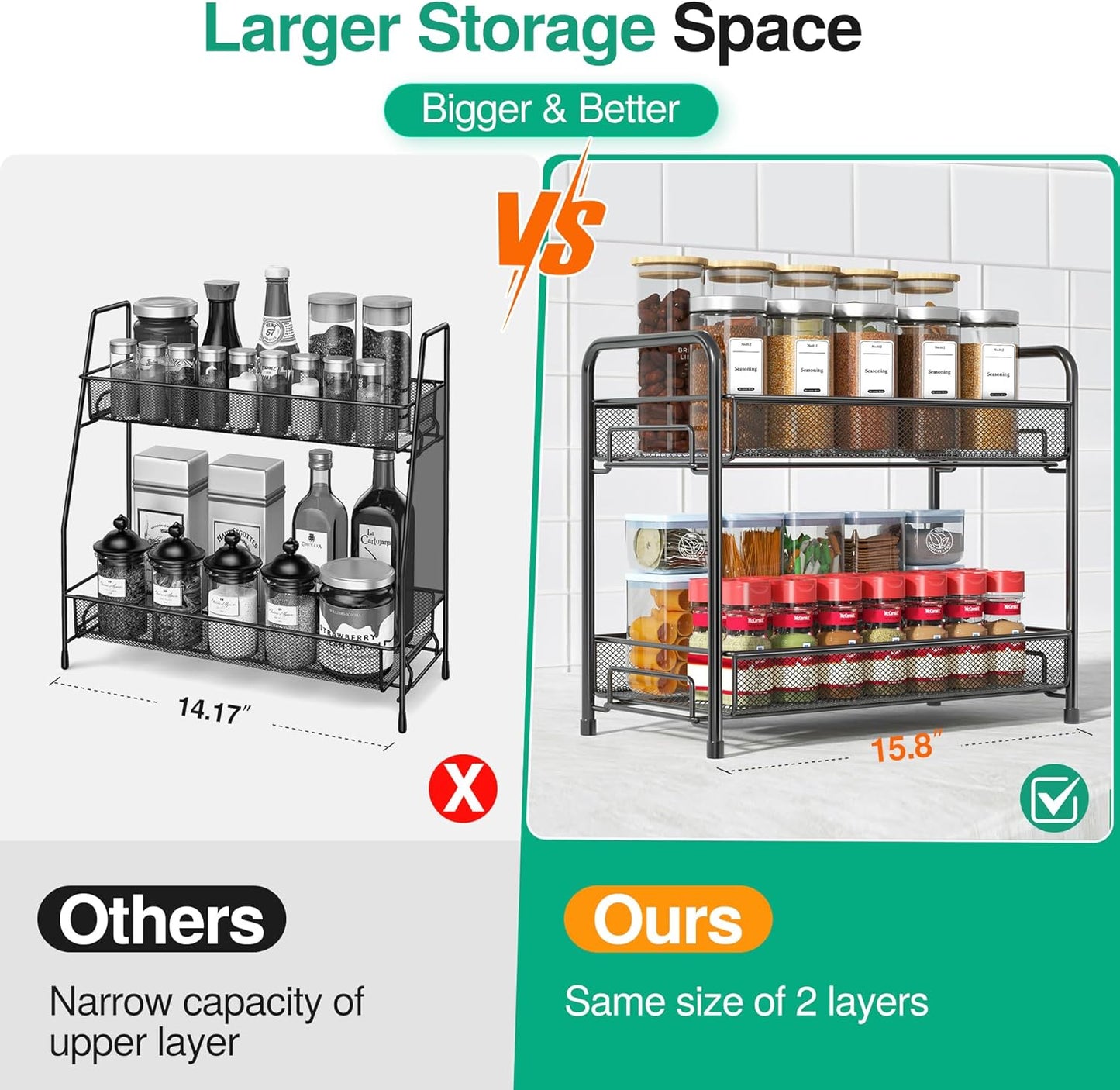 Spice Rack Organizer for Countertop, 2-Tier Foldable Metal Rust-Proof Standing Large Seasoning Storage Shelf with Guardrail and Mesh Design for Kitchen Cabinet Bathroom Living Room Pantry, Black