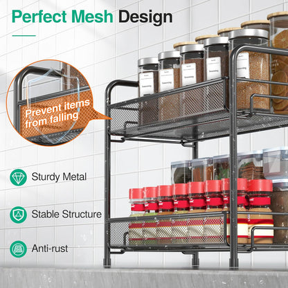 Spice Rack Organizer for Countertop, 2-Tier Foldable Metal Rust-Proof Standing Large Seasoning Storage Shelf with Guardrail and Mesh Design for Kitchen Cabinet Bathroom Living Room Pantry, Black