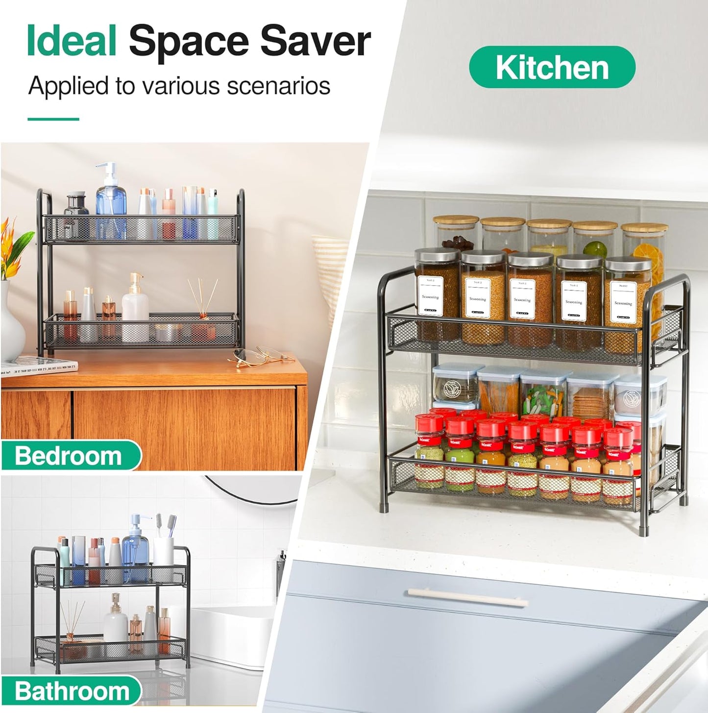 Spice Rack Organizer for Countertop, 2-Tier Foldable Metal Rust-Proof Standing Large Seasoning Storage Shelf with Guardrail and Mesh Design for Kitchen Cabinet Bathroom Living Room Pantry, Black