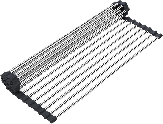 Roll up Dish Drying Rack, Over The Sink Rolling Dish Drainer Rack Multipurpose Foldable Kitchen Stainless Steel Dish Rack Sink Drying Rack for Kitchen Sink Counter (17"x 15.7")