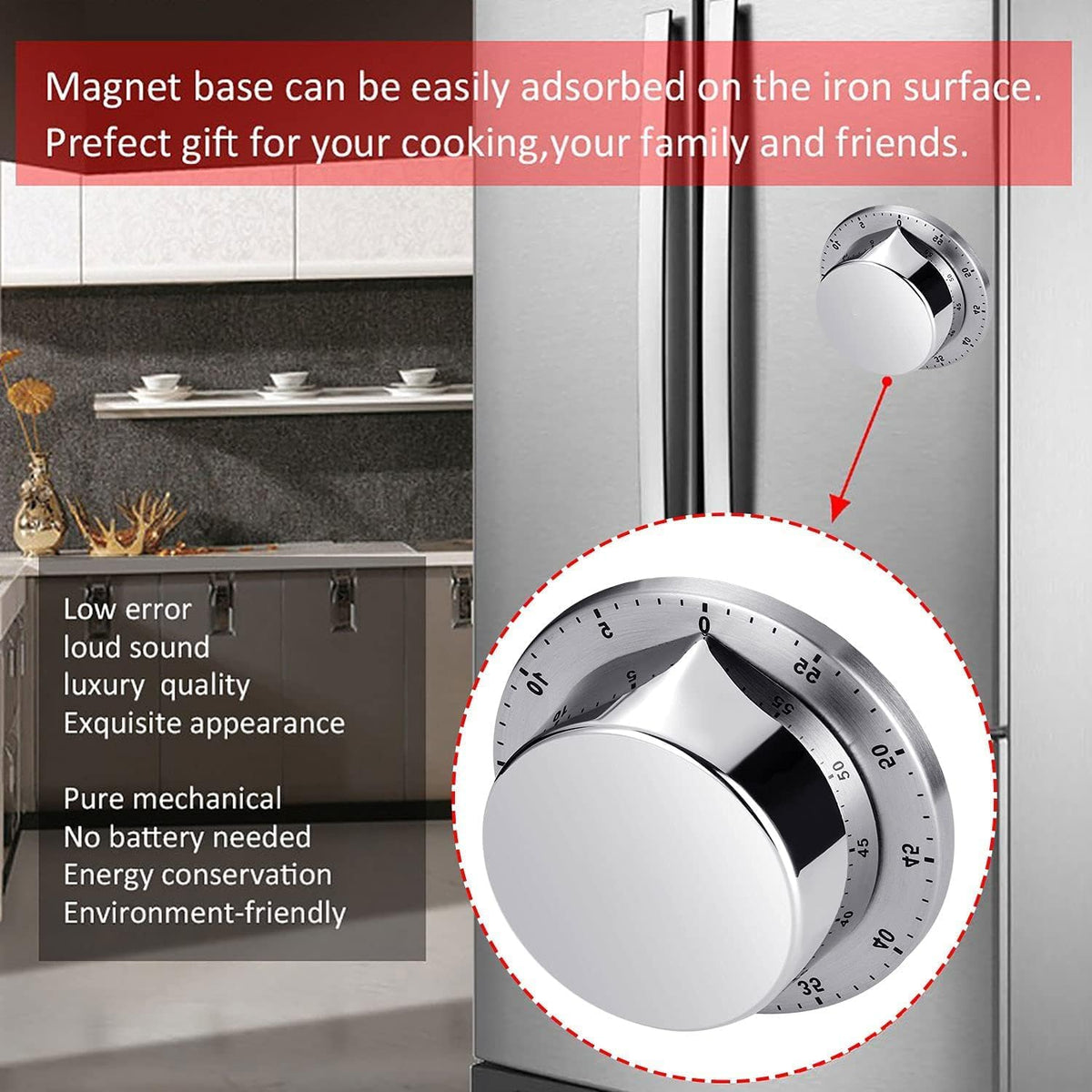Kitchen Timers for Cooking, Chef Cooking Timer Clock with Loud Alarm - Magnetic Backing 100% Mechanical Desk Timer - No Batteries Required, Countdown Reminder Magnetic - Exquisite Stainless Steel Body