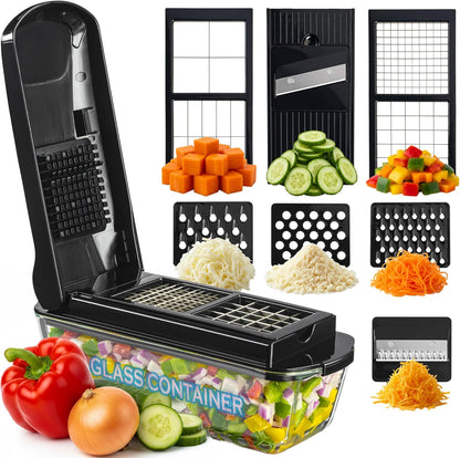 13-in-1 Vegetable Chopper Pro with Glass Container, Stainless Steel Blades, BPA-Free, Mandoline Slicer, Manual