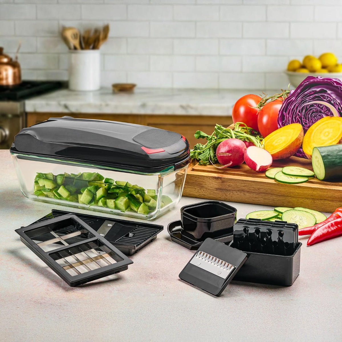 13-in-1 Vegetable Chopper Pro with Glass Container, Stainless Steel Blades, BPA-Free, Mandoline Slicer, Manual