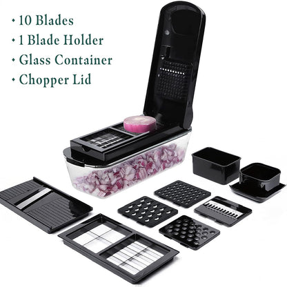 13-in-1 Vegetable Chopper Pro with Glass Container, Stainless Steel Blades, BPA-Free, Mandoline Slicer, Manual