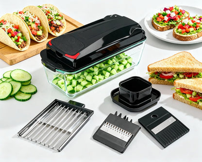 13-in-1 Vegetable Chopper Pro with Glass Container, Stainless Steel Blades, BPA-Free, Mandoline Slicer, Manual