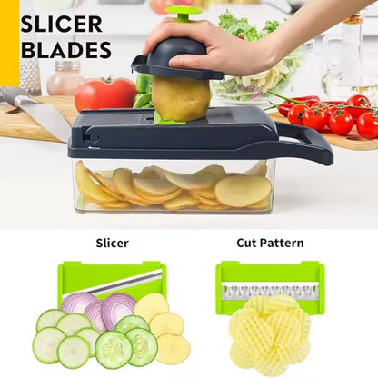 Frekia16 in 1 Vegetable Chopper Dicer With Container Mandoline Slicer Vegetable Cutter Onion Potato Fruit Food Manual Hand Cooking Gadget for kitchen Stainless Steel For 9 Blades salad kitchen tool