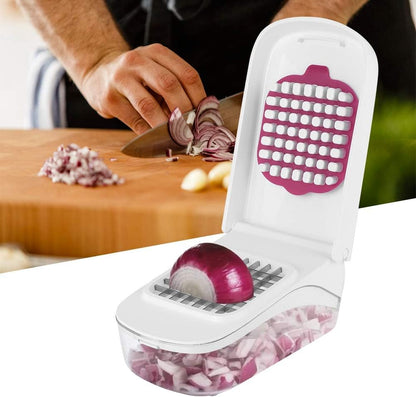 Manual Food Chopper, 3-in-1 Multifunctional Vegetable Fruit Cutter with Container for Onion, Potato, Carrot, Easy Push Down Handheld Kitchen