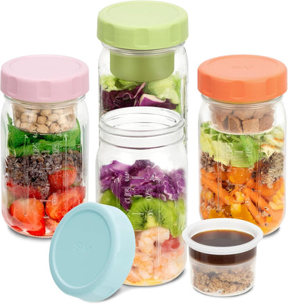 4 Pack Glass Salad Jars with Lids Meal Prep, Wet/Dry Separation | Pink/Orange/Sky Blue/Olive Green, Leakproof, Two Small Built-in Cups for Salad Dressing and Dry Ingredients,32oz Mason Jars