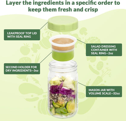 4 Pack Glass Salad Jars with Lids Meal Prep, Wet/Dry Separation | Pink/Orange/Sky Blue/Olive Green, Leakproof, Two Small Built-in Cups for Salad Dressing and Dry Ingredients,32oz Mason Jars